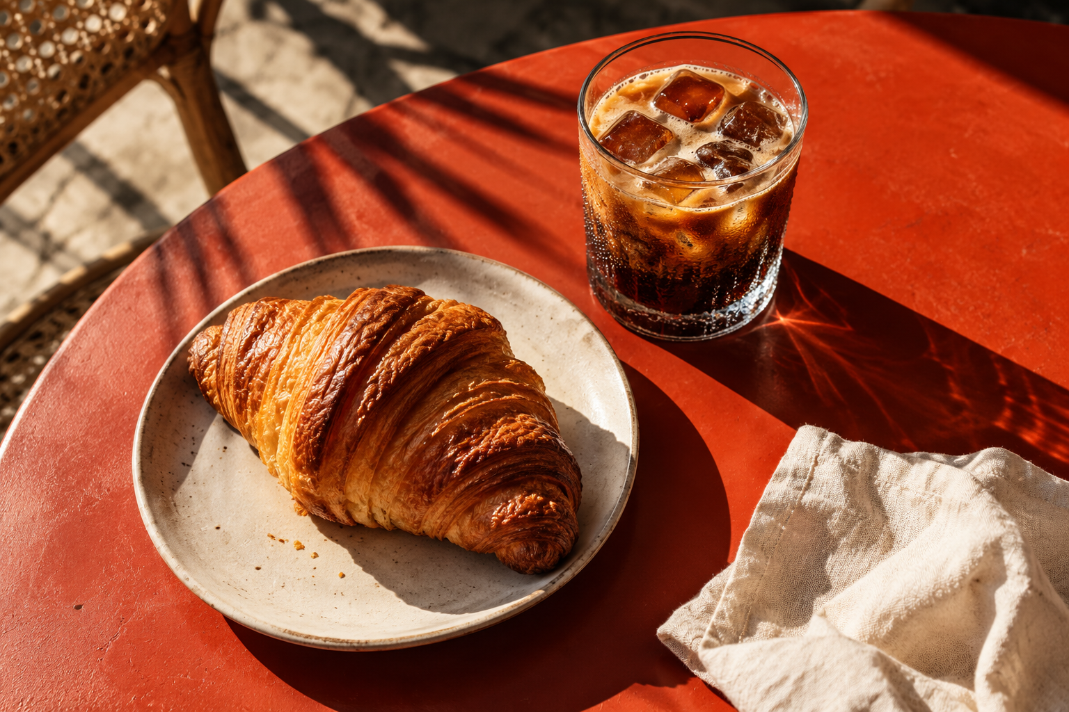 Food photography concept: iced coffee and a croissant on an orange cafe table