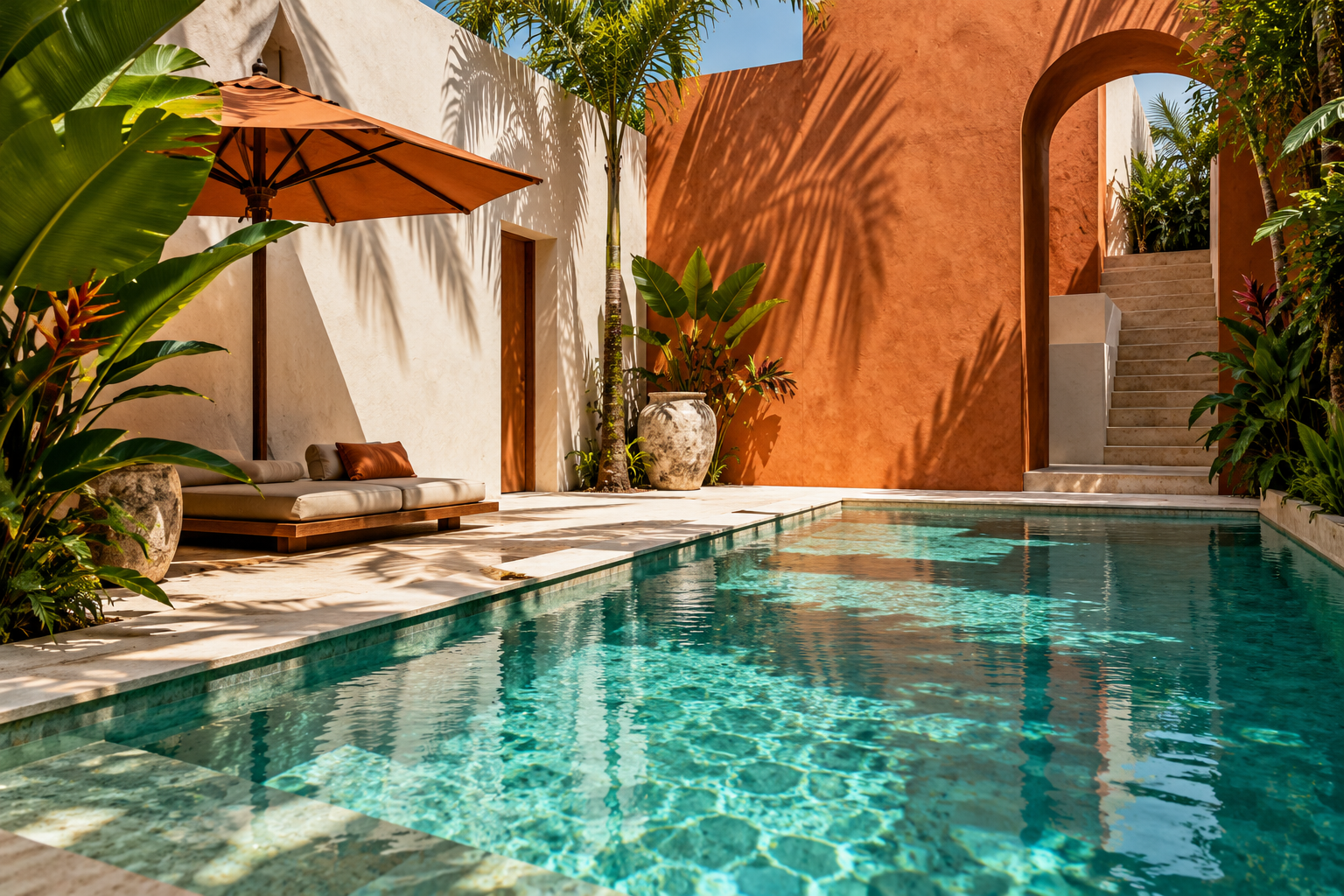Concept visual of a sunlit Bali villa courtyard with a turquoise pool and terracotta walls